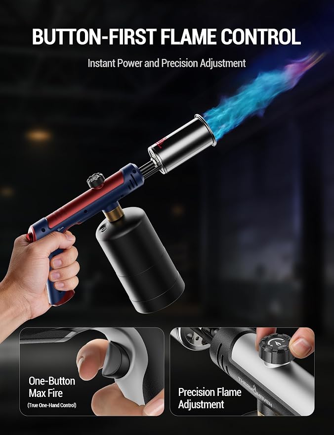 ThermoMaven Propane Torch with One-Touch Max Fire, Blow Torch Gun with Safety Lock, Charcoal Lighter Flame Thrower, Kitchen Food Torch Head for Grill, Sous Vide, BBQ, The Patriot(Tank Not Included)