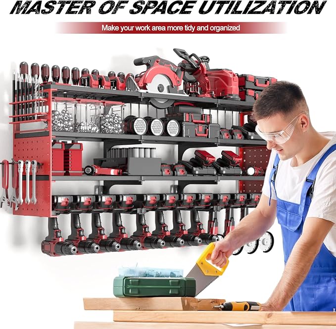 Power Tool Organizer Wall Mount, Cordless Drill Hanger Storage Rack 8 Drill Holder, 4 Layer Heavy Metal Large Capacity Tool Rack for Garage Organization (Red, 12 Drills Holder)