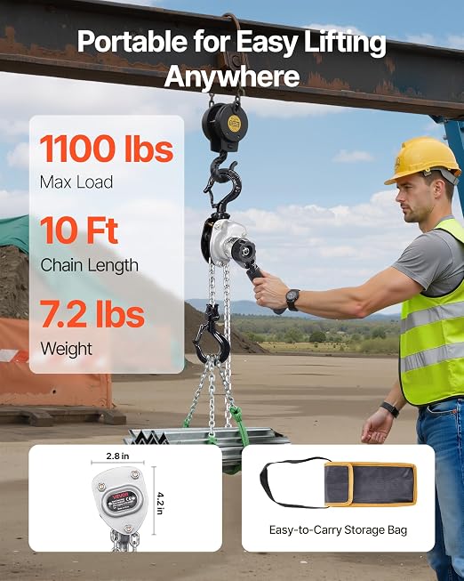 VEVOR Manual Lever Chain Hoist, 1/2T 1100LBS Capacity Heavy Duty Come Along, 10FT Lift G80 Alloy Steel Chain with Dual Pawl Mechanical Brake,360°Rotating Hooks, for Warehouse Construction Garage
