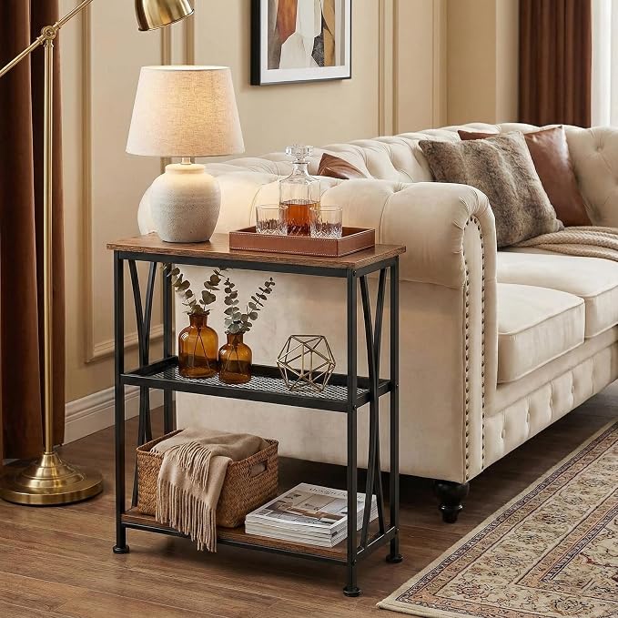 Narrow Side Table,3-Tier End Table With Storage Shelves,Small Hallway Table, Industrial Accent Table With Metal Frame Slim Nightstand Sofa Side Table for Small Spaces,Living Room, Bedroom,Rustic Brown