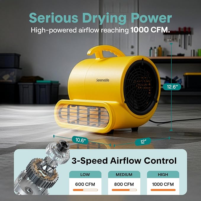 SereneLife Air Mover Blower Fan 1000 CFM – Powerful High Performance 3-Speed Fan for Floor & Carpet Drying, Portable Floor Fan w/Adjustable Tilt, Plug Multiple Units for Home Garage & Restoration Use