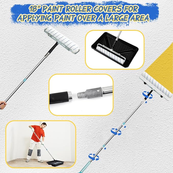 WILLBOND 35 Pcs Professional Paint Roller Kit Complete Solution with 18'' & Small Rollers, Steel Pole, Drop Cloth, and Full Accessories(4 Inch)