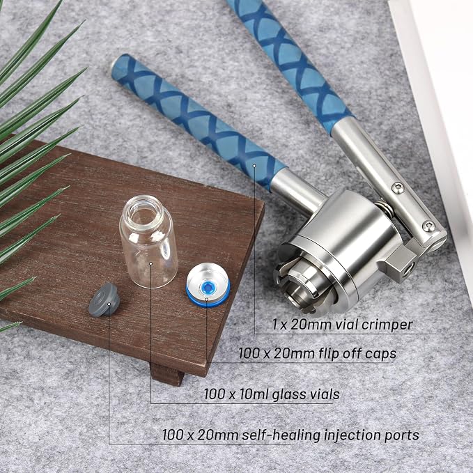 20mm Vial Crimper and 100 Pcs 10ml Clear Flip Top Glass Vials Set, Lab Bottle Sealing Tool, Vial Crimping Tool and 10ml Glass Vials