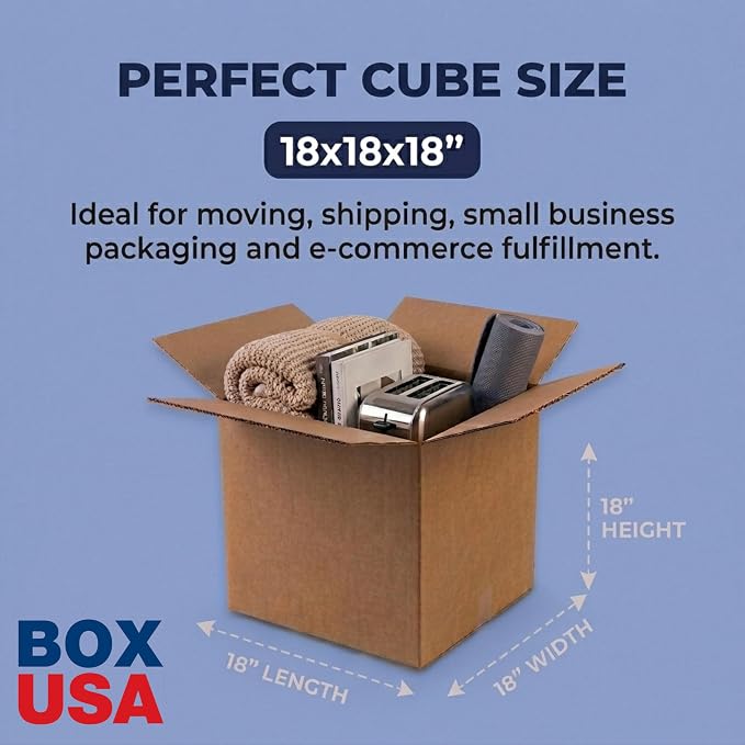 Box USA Cube Shipping Boxes 18"L x 18"W x 18"H (20-Pack) - Medium Corrugated Cardboard Packaging Boxes for Shipping, Packing, Moving, and Storage at Home, Office, or Business