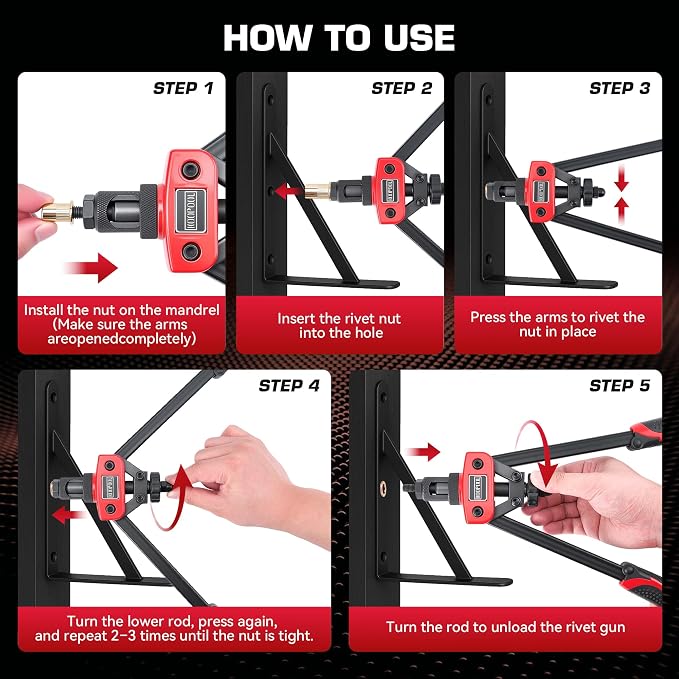KOOPOOL 14" Rivet Nut Tool Kit, Heavy-Duty Rivnut/Nutsert Tool with 7 Mandrels (M6, M8, M10, 1/4"-20×2, 5/16"-18, 3/8"-16) & 70 Rivet Nuts, Rugged Rivnut Tool Kit with Carrying Case (14")