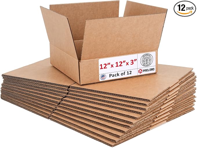 Flat Cardboard Boxes 12"L x 12"W x 3"H (Pack of 12) - USA-Made Packing Boxes for Moving, Shipping, or Storage - USPS, UPS, FedEx Approved - Professional Packing Supplies for Moving | USA-Made Packing Boxes for Moving, Shipping, or Storage - USPS, UPS, ...