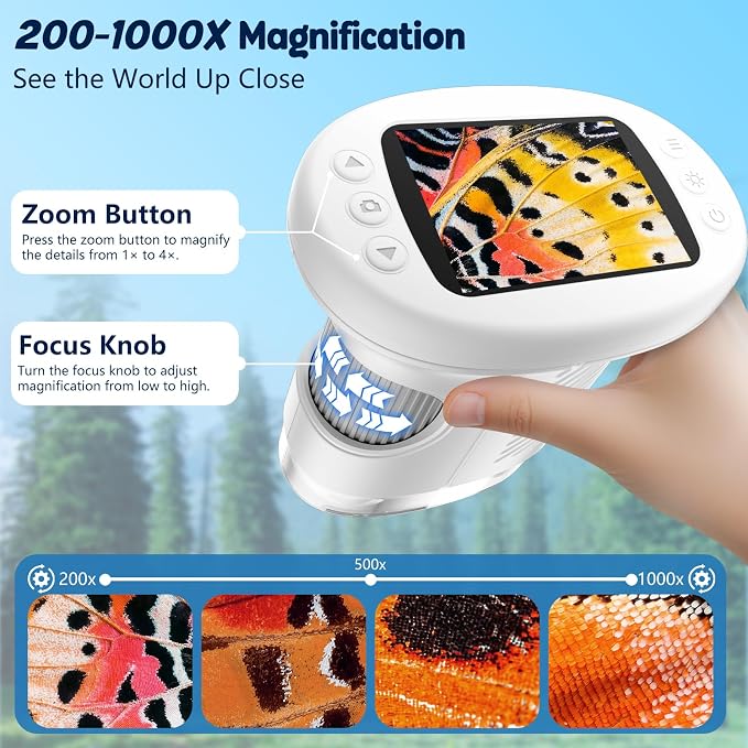 Odatay 4K 1000X Digital Microscope for Kids with Long Distance Viewing & 2.4" Screen, Portable Handheld Edu Toys for Kids Age 3-12 Exploring Bugs Plants at Home Classroom & Outdoor Travel, White
