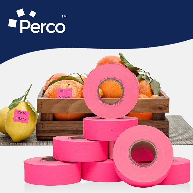 Perco 2 Line Fluorescent Pink Labels - 24,000 Blank Price and Date Gun Labels for Perco 2 Line Price and Date Guns - 32 Rolls, 4 Sleeves - Made in USA