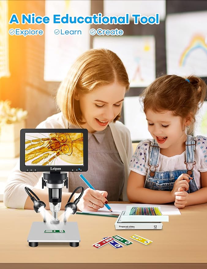 7" LCD Digital Microscope 1200X,Leipan 12MP Coin Microscope with Screen for Adults,1080P Coin Magnifier with 12pcs Slides,Wired Remote,2 Side Lights,Windows/Mac OS Compatible