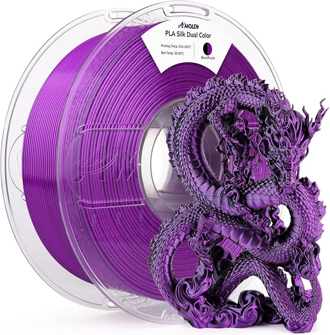 AMOLEN Dual Color Silk PLA 3D Printer Filament, PLA 1.75mm Shiny Color Change Filament 3D Printing PLA Filament for Most FDM 3D Printer, 1kg Spool(2.2lbs), Black Purple