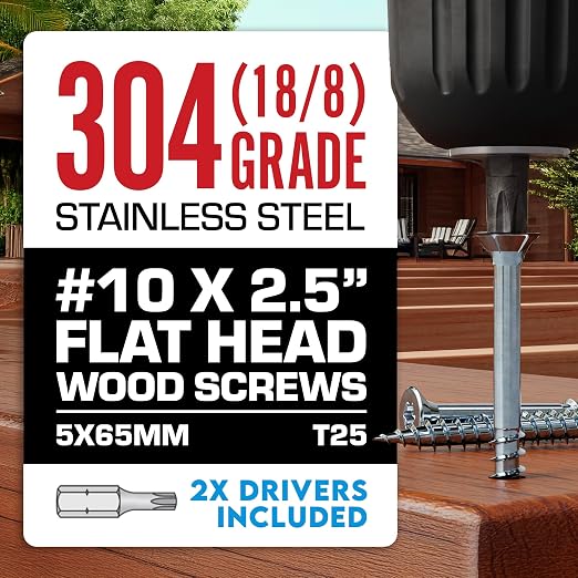 #10 x 2 1/2 Inch Stainless Steel Deck Screws | 304 Grade (1750 Pack) | Flat Head T25 Star Torx Drive | Stainless Steel Screws by Eagle Claw Fasteners | Corrosion & Rust Resistant (2 Drivers Included)