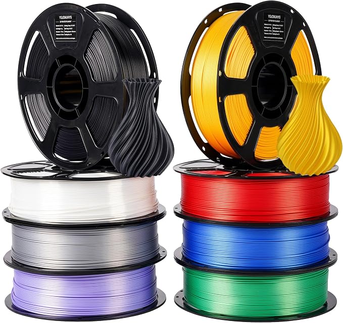 Silk PLA Filament 1.75mm Bundle 8x1KG, Shiny 3D Printer Filament Pack Accuracy +/- 0.02mm, Neatly Wound, Individually Vacuum Packed, Silky 3D Printing Filament for Most FDM 3D Printers