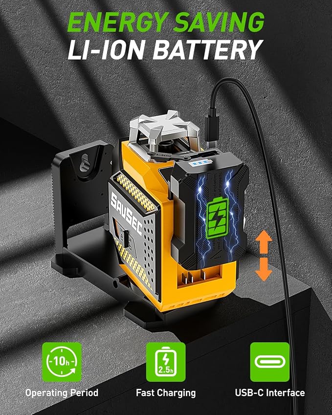 Laser Level 360 self leveling, SAVSEC 3 x 360° Brightness Adjustable Lazer Leveler Tool, 3D Rechargeable Green Cross Line Laser for Construction and Picture Hanging - Magnetic Fine-adjust Wall Bracket