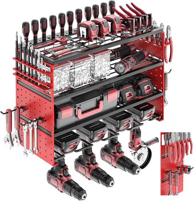 Power Tool Organizer Wall Mount, Cordless Drill Hanger Storage Rack 8 Drill Holder, 4 Layer Heavy Metal Large Capacity Tool Rack for Garage Organization (Red, 4 Drills Holder)