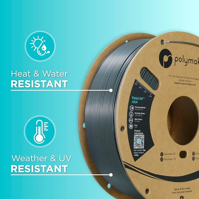 Polymaker ASA Filament 1.75mm Dark Grey, 1kg ASA 3D Printing Filament, Heat & Weather Resistant - ASA 3D Printer Filament Perfect for Printing Outdoor Functional Parts