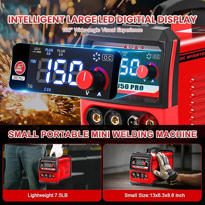 GNI Multiprocess Portable MINI Welder, MIG/TIG/Stick 3 IN 1 Welding Machine | IGBT Inverter Beginner-Friendly MIG Welder Machine with Auto-Darkening Goggles, 150A Flux Core Welder for Home DIY