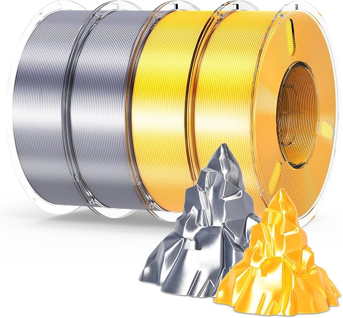 RAMBERY Silk Gold Silver PLA Filament Bundle, Metal-Like Shiny Silk PLA Filament 1.75mm, 3D Printer Filament Dimensional Accuracy +/-0.02mm, 1kg Spool, 4 Packs（Golden,Silver
