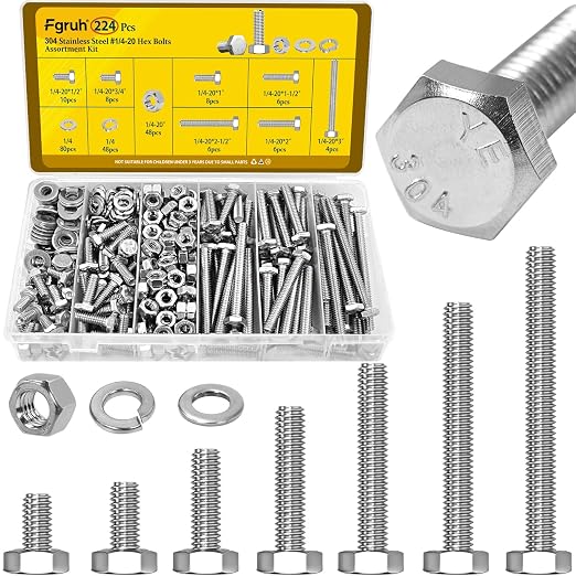 224PCS 1/4''-20 Hex Bolts and Nuts Assortment Kit,1/4-20 x 1/2'', 3/4'', 1'', 1-1/2'', 2'', 2-1/2'', 3'' SAE Stainless Steel Bolts Nuts and Washers Assorted Set, Fully Threaded