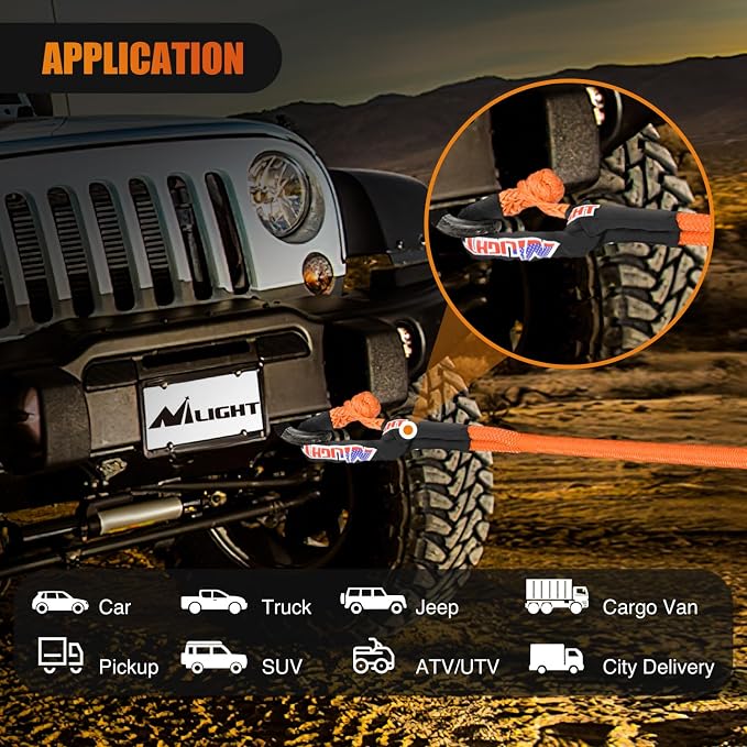 Nilight Kinetic Recovery Tow Rope Kit with 2 Soft Shackle 1-1/8inx30ft Heavy Duty Offroad Tow Rope Snatch Strap Towing Strap kit 48,000LBS for UTV ATV SUV Truck Car Jeep Tractor
