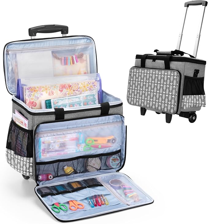 Yarwo Upgraded Rolling Craft Bag with Detachable Trolley and Multi-Pockets | Removable Bottom Board, Wheeled Scrapbook Tote, Large Teacher Gifts Bag, Rolling Briefcase for Teaching & Office, Gray Arrow
