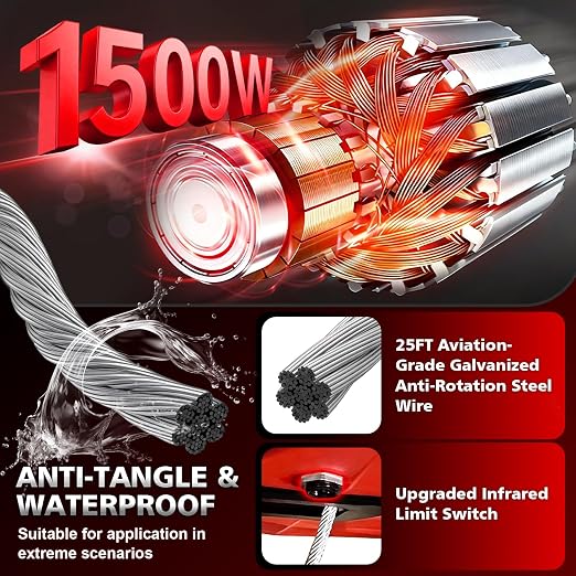 Power Electric Portable Hoist Winch 1100LBS, 3 in 1 Electric Cable Hoist 110V 25 FT with Lifting Strap, Electric Hoist Lift Ceiling Winch for Lifting Towing(Red)
