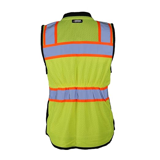 Kishigo Women's High Visibility Reflective Premium Black Series Heavy Duty Surveyors Vest S5021, Zipper Closure, Polyester, ANSI 107 Type R/Class 2, Multiple Pockets for Tools (Lime/Black, L)