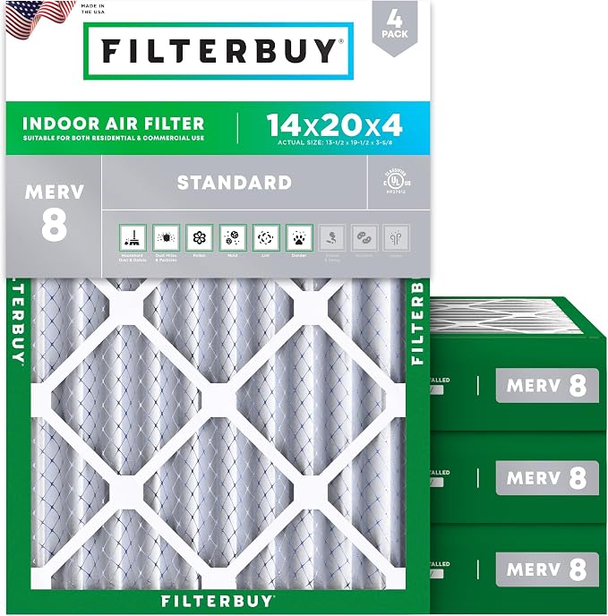 Filterbuy 14x20x4 Air Filter MERV 8 Essential Dust & Allergy Defense (4-Pack), Electrostatic Pleated HVAC AC Furnace Filters Replacement, Made in USA (Actual Size: 13.50 x 19.50 x 3.63)