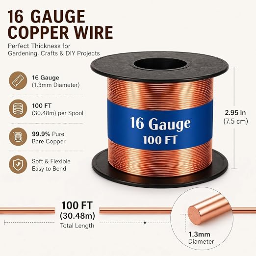 Therwen 100ft 16 Gauge Copper Wire for Gardening, Electroculture, Bonsai, Jewelry Making Beading DIY Craft Pure Bare Copper Wire Spool