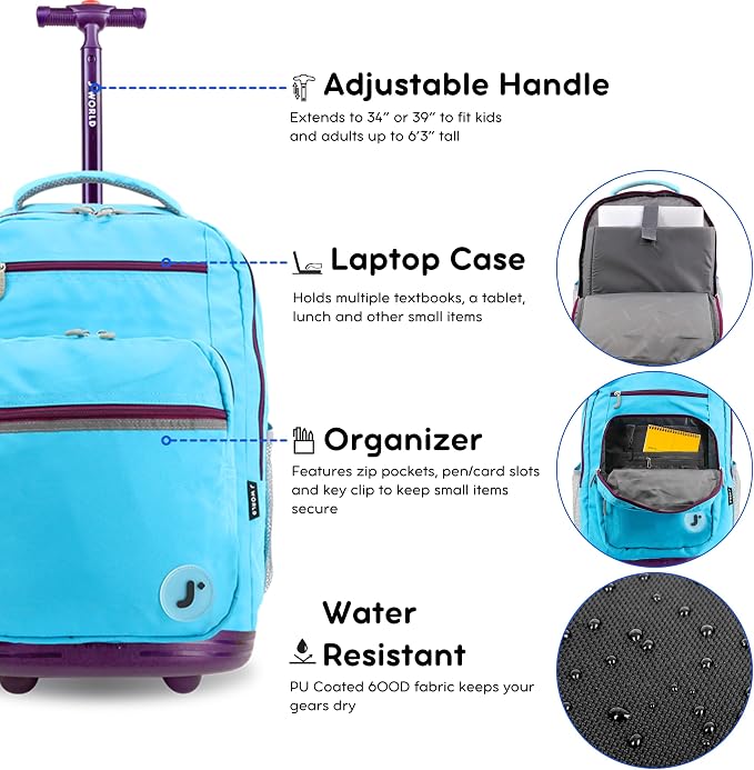 J World Sundance Laptop Rolling Backpack for Girls Boys. Roller Bookbag with Wheels, 20 Inch, Sky Blue