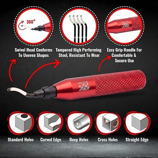 AFA Tooling - Deburring Tool with 11 HSS M2 Blades - Micro-Polished & Anodized Aluminum Handle with Diamond Knurled Grip - Ideal for Smaller Holes up to 1.5mm, 3D Printing, PVC & Metal