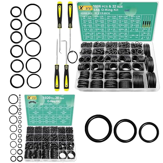 XBVV 1086 Pcs SAE O Ring and 1020 Pcs Metric O Ring Assortment Kit for Automotive Hydraulic Faucet Plumbing Pressure Washer Sealing Repair(2 in1 Kit)