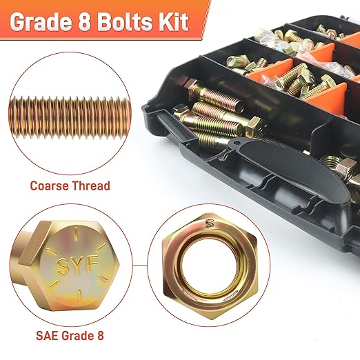 Quibbay 924Pcs Grade 8 Bolts and Nuts Assortment Kit, 1/4-20, 5/16-18, 3/8-16, 1/2-13 Heavy Duty Hex SAE Assorted Bolts Nuts and Washers Kit, Carbon Steel Machine Hardware Screw Sets with Case