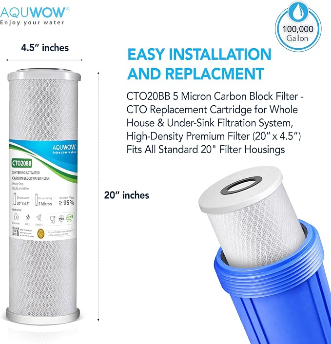 CTO20BB 5 Micron 4.5" x 20" Carbon Block Water Filter Set – Replacement Cartridges for Whole House and Under Sink Systems, Universal Standard Size (2, 20 x 4.5)