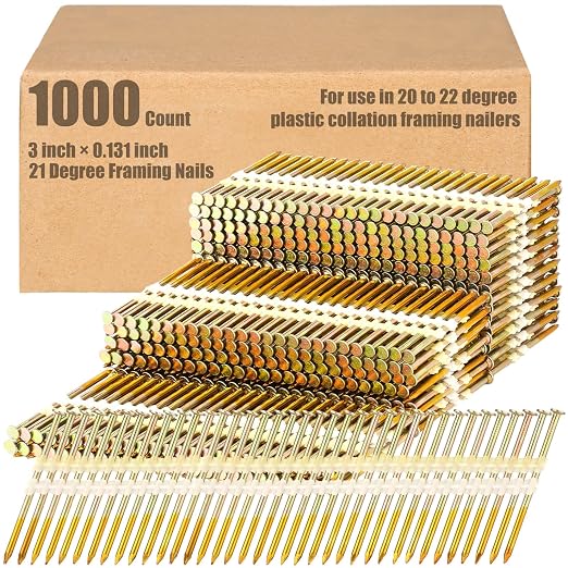 Pasimy 1000 Per Box 3 x 0.131 Inch Framing Nails 21 EG Degree Smooth Shank Plastic Collated Galvanized Full Round Head Framing Nails