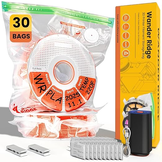 3D Printer Filament Storage Bags Vacuum Kit, 30 Vacuum Bags (13x15 in) with Auto Pump, 30 Desiccants & 2 Clips, Airtight Filament Storage for PLA ABS TPU, Dustproof Moisture Resistant