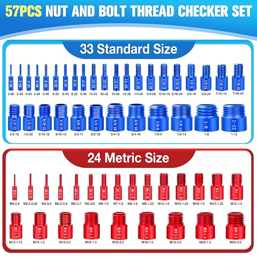 57Pcs Thread Checker, Nut and Bolt Thread Checker 33 Standard and 24 Metric Set, Thread Gauge Suitable for Nut or Bolt Size Finder in Narrow and Tricky Areas