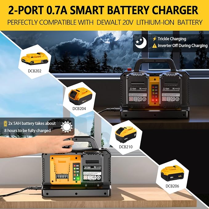 Adisipsoarin 500W Pure Sine Wave Power Inverter for DeWalt 20V Battery, 2-Ports DC 20V to AC(2 Outlets) 120V Car Charger Plug Inverter Adapter Converter for Camping, Travel, Emergencies(Tool Only)