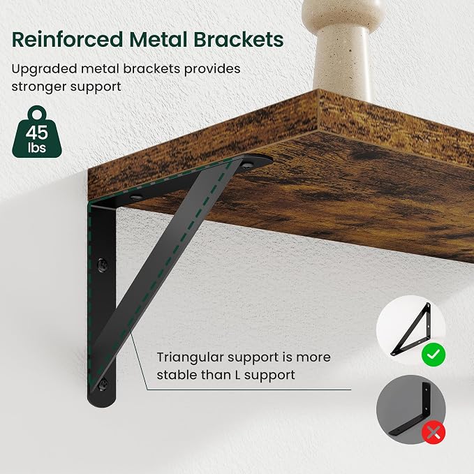 Floating Shelves 8 Inch Deep, 24W x 8D Wall Shelf Set of 2, 50 lbs Heavy Duty Reversible Metal Brackets, Industrial Book Shelf for Living Room Kitchen Bath Bedroom Gallery Wall, Rustic Brown