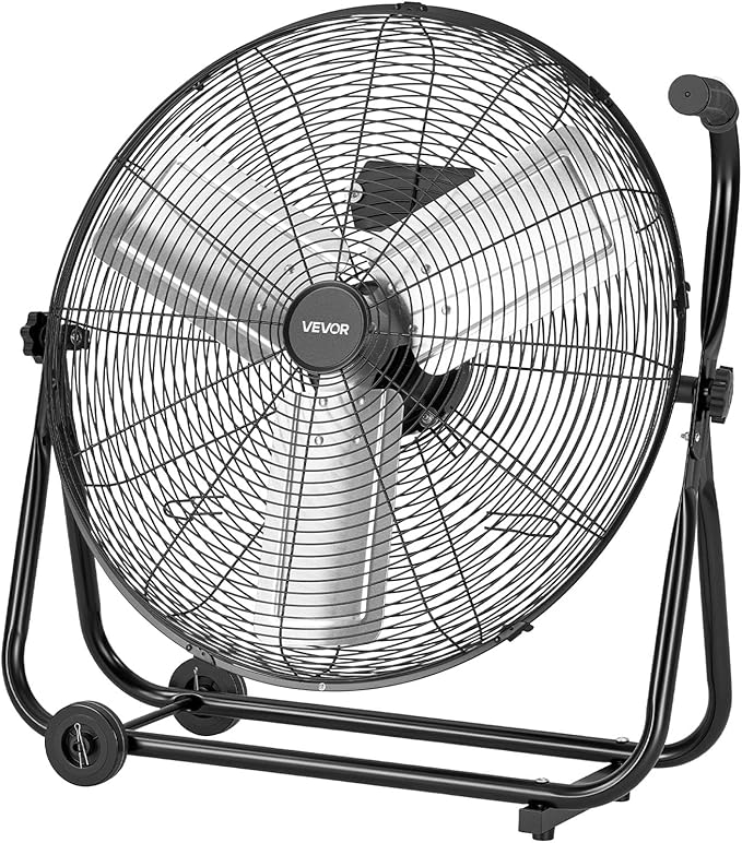 VEVOR Industrial Shop Fan, 24 Inch Floor Drum Fan, High Velocity 7500 CFM, Heavy Duty Aluminum Blades, 3 Speeds, 360 Degree Tilt, Ideal for Commercial, Garage, Warehouse, Basement, Workshop, Black