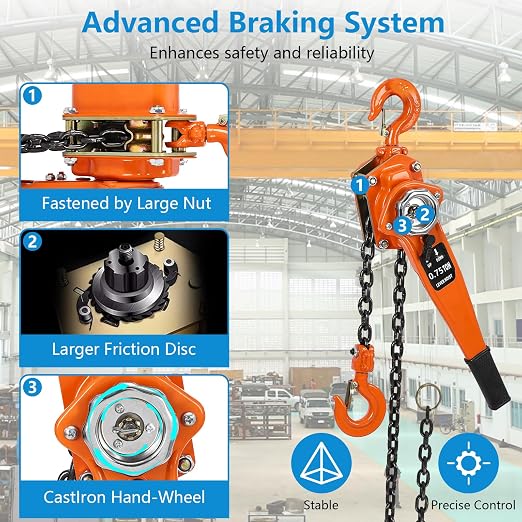 Manual Lever Chain Hoist, 0.75Ton 10Ft Lift Lever Hoist Ratchet Chain Puller Hoist w/2 Portable Hooks for Building Garages, Heavy Duty Chain Lifting & 360° Rotation Hook, Automotive Machinery