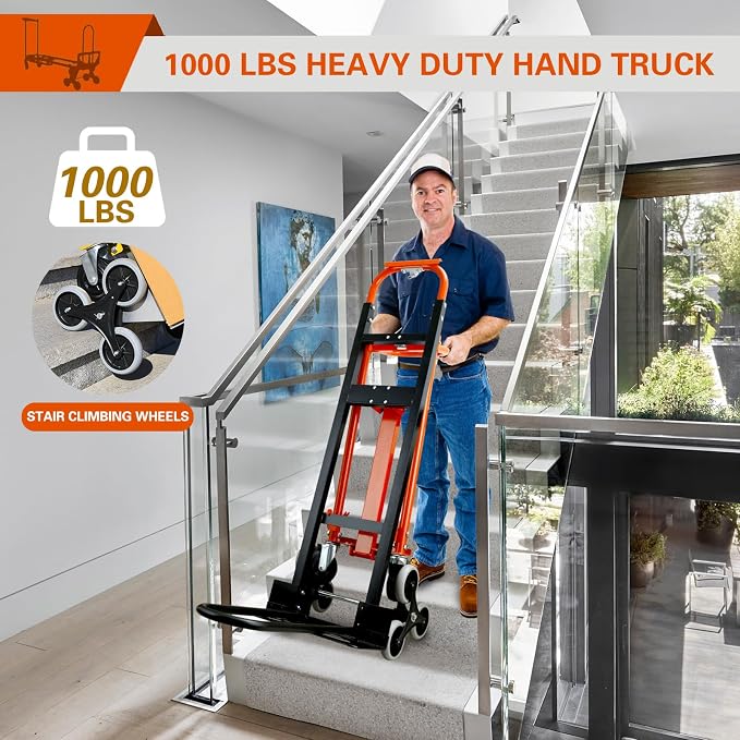 3 in 1 Industrial Convertible Hand Truck,1000 LBS Capacity Stair Climbing Dolly Cart,Heavy Duty Hand Truck Dolly Cart with Dual Handles for Home,Moving,Transport,Warehouse,Office(Orange)
