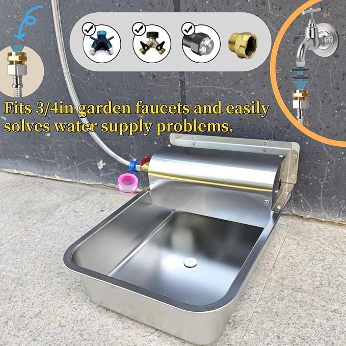 304 Stainless Steel Automatic Dog Waterer - 11L Large Capacity Pet Water Dispenser with 3/4" Brass Adapter & Drain Hole, Anti-Leak Design for Dogs, Cats, Alpacas & Livestock, Outdoor Farm Use