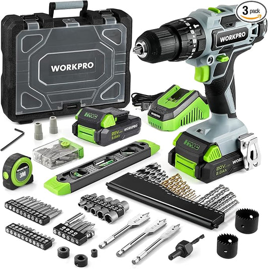 WORKPRO 20V Max Cordless Drill Driver Set, Electric Power Impact Drill Tool with 100 Pieces Accessories, 1/2'' Chuck Impact Drill Kit with Portable Case, 2 x 2.0Ah Li-ion Batteries with Fast Charger