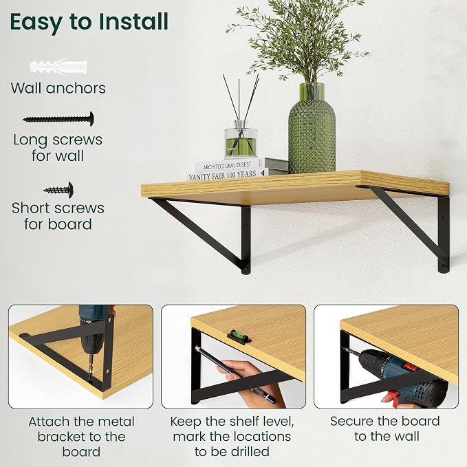 Floating Shelves 12 Inch Deep, 16W x 12D Wall Shelf Set of 2, 35 lbs Heavy Duty Reversible Metal Brackets, Deep Industrial Book Shelf for Living Room Kitchen Bath Bedroom Coffee Bar, Oak