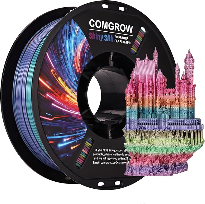 Comgrow Rainbow Colors Silk PLA 3D Printer Filament, PLA Filament 1.75mm, Dimensional Accuracy +/- 0.02 mm, 1KG Spool, Coextrusion 3D Filament with Shiny Silk Rainbow Red