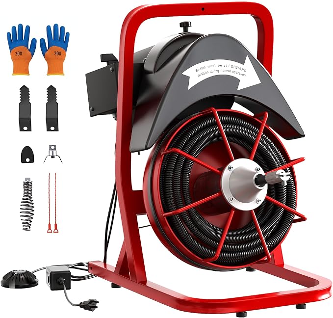 GarveeTech Drain Cleaner Machine 75FT x 1/2 Inch Steel Core Cable Portable 370W Electric Drain Cleaning Machine