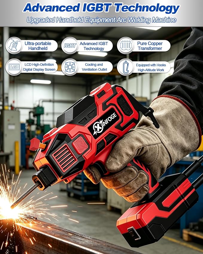 Portable Welding Machine with LCD, 110V Handheld Welder, IGBT Inverter, MMA/HS/ARC Portable Welder Gun, 5 Variable Current Adjustment for 3/32"-1/8" Rods, DIY, Professional Use, Repair (Red Black)