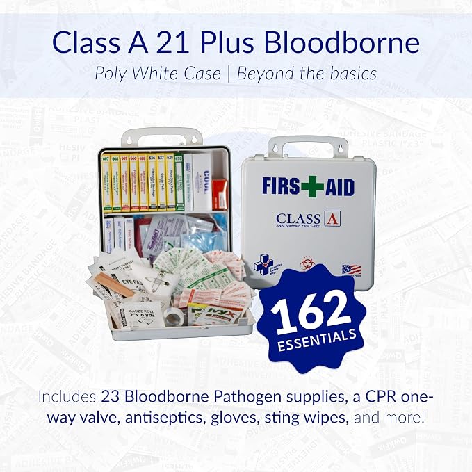 Certified Safety Mfg Class A 21 Plus BBP - 158pc USA-Made ANSI & OSHA Compliant First Aid Kit w/Bloodborne Pathogen Protection - Bloodborne Pathogen Kit for Businesses (Plastic Case)