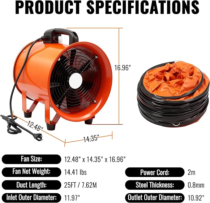dreamdragon 12-Inch Utility Blower Fan with 25ft Duct – 3300 RPM High Airflow, Low-Noise 69dB, Portable Industrial Ventilator for Crawl Space, Workshop, Basement Drying & Exhaust