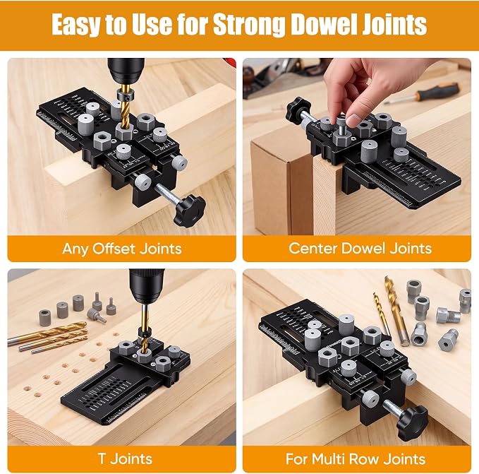 Dowel Jig Kit with Quick Positive Stop & Clamp, Adjustable Doweling Jig for 1/4", 3/8", 1/2" Drill Bits, Accurate Straight Holes for Any Thickness Wood Joints, Cabinet & Furniture